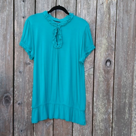 Turquoise Jersey Knit S/S Tunic Top with Ruffles L - Picture 2 of 6